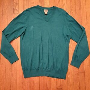 LL Bean Green Cotton Cashmere V Neck Sweater L REG